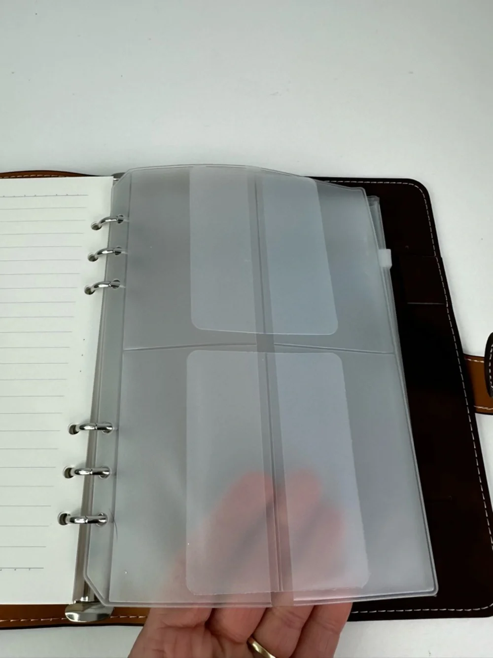 A5 Six Ring Soft Brown Coffee Colored Snap Closure Binder With Clear Pouches